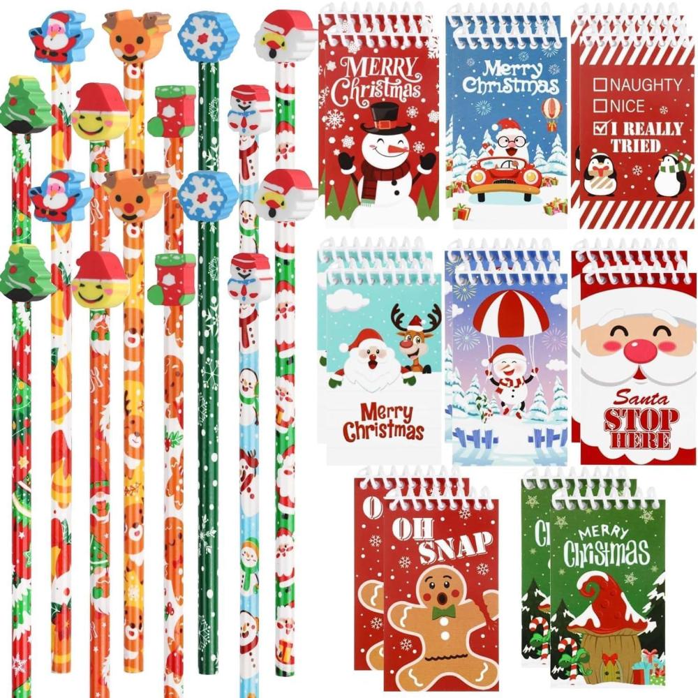 imageDERAYEE Kit de 32 Fournitures Scolaires Enfant Noel16PCS Crayons en Bois avec Gomme ampamp 16PCS Mini Blocsnotes Inclus