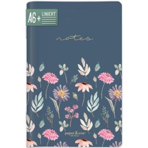 paper&you® Cahier de notes A6+ ligné « Flying Flowers » de 64 pages, petit carnet à couverture souple, mini journal – durable & respectueux du climat