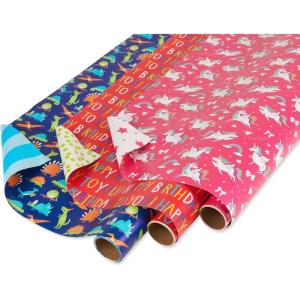 American Greetings Harry Potter Lot de 3 rouleaux de papier cadeau Harry Potter avec quadrillage pour anniversaires, remises de diplômes et toutes les occasions, blasons de la maison de Poudlard, robe(Dinosaures et licornes)
