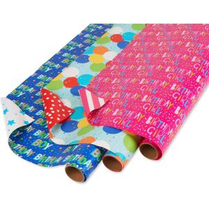 American Greetings Harry Potter Lot de 3 rouleaux de papier cadeau Harry Potter avec quadrillage pour anniversaires, remises de diplômes et toutes les occasions, blasons de la maison de Poudlard, robe(Étoiles  pois et ballons)