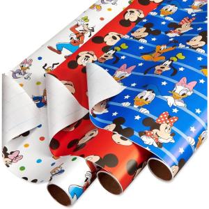 American Greetings Harry Potter Lot de 3 rouleaux de papier cadeau Harry Potter avec quadrillage pour anniversaires, remises de diplômes et toutes les occasions, blasons de la maison de Poudlard, robe(Mickey Mouse  Minnie Mouse  Pluto et Polka Dots)