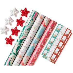American Greetings Kathy Davis Designs – Lot de 4 rouleaux de papier cadeau de Noël de 10,9 m² (76,2 cm x 3,7 m, 7 nœuds, 30 étiquettes cadeaux)(Kathy Davis Designs)