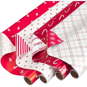 American Greetings Lot de 4 rouleaux de papier cadeau de 80 m² (rayures bleues et blanches) pour Noël, Hanoukka et toutes les fêtes (4 rouleaux de 76,2 cm x 2,4 m)(Bonhomme de neige  arbre  sucre d&rsquo;orge  flocons de neige)