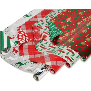 American Greetings Lot de 4 rouleaux de papier cadeau de 80 m² (rayures bleues et blanches) pour Noël, Hanoukka et toutes les fêtes (4 rouleaux de 76,2 cm x 2,4 m)(Rayures  pois  carreaux  rennes  camions de Noël et arbres)
