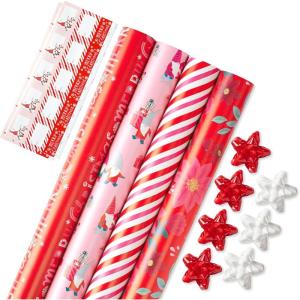 American Greetings Lot de 4 rouleaux de papier cadeau de 80 m² (rayures bleues et blanches) pour Noël, Hanoukka et toutes les fêtes (4 rouleaux de 76,2 cm x 2,4 m)(Rouge  rose.)