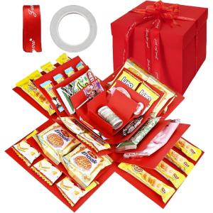 Boîte à explosion à 5 couches DIY | Boîte surprise avec ruban adhésif + ruban | Boîte cadeau polyvalente pour anniversaire, Noël, Saint-Valentin, mariage et anniversaire de mariage (rouge)(rouge)