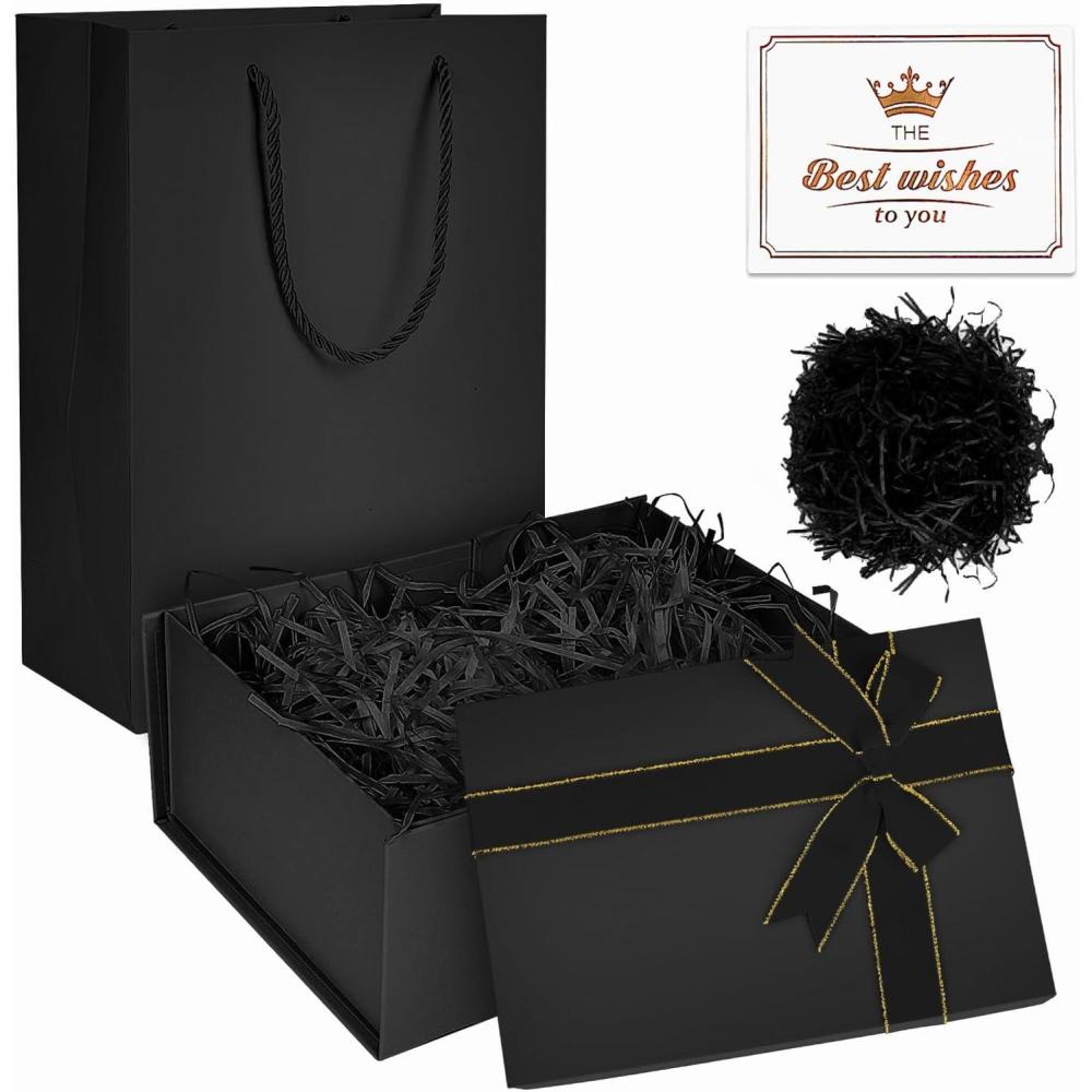 imageBoTe Cadeau Noir 22 x 16 x 85 cm Boite Cadeau Anniversaire Boite Carton avec Couvercle et Nud en Ruban Boite Cadeau Vide pour SaintValentin Anniversaires Vacances Nol ThanksgivingNoir