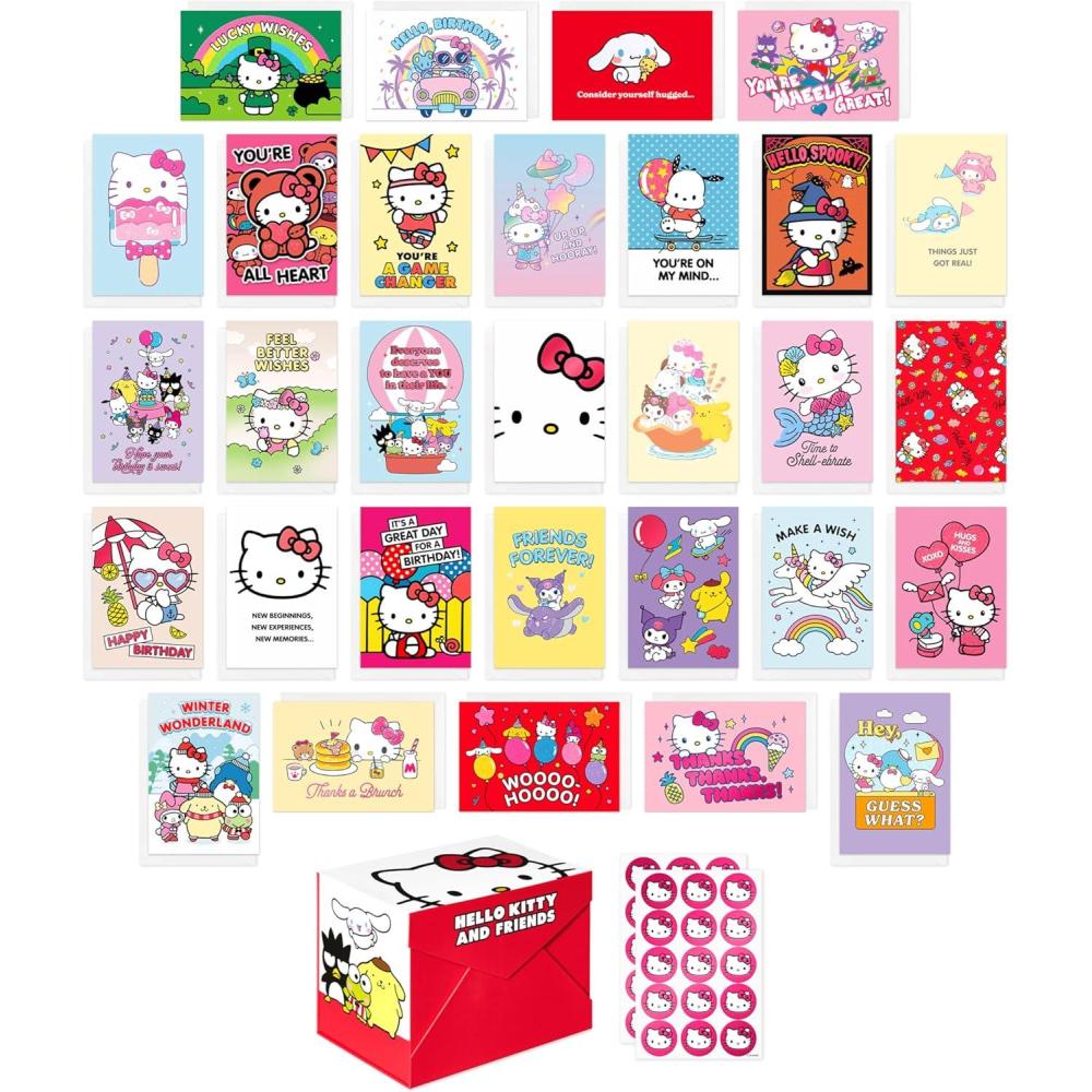 imageAmerican Greetings Lot de 30 cartes de luxe Hello Kitty et ses amis toutes occasions avec bote de rangement souvenir rechargeable enveloppes et sceaux
