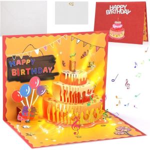 GeeRic Cartes d&rsquo;anniversaire, Gâteau d&rsquo;anniversaire Lumineux et Musical, carte de Joyeux Anniversaire, Carte de Vœux Pop-up 3D avec Enveloppe et étiquette pour Femmes, Hommes, Enfants