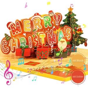 Kesote Carte Noel 3D Cartes Cadeau Musicale avec Lumière Carte de Voeux Pop-Up Cartes de Noel avec Enveloppe 15x20cm(D)
