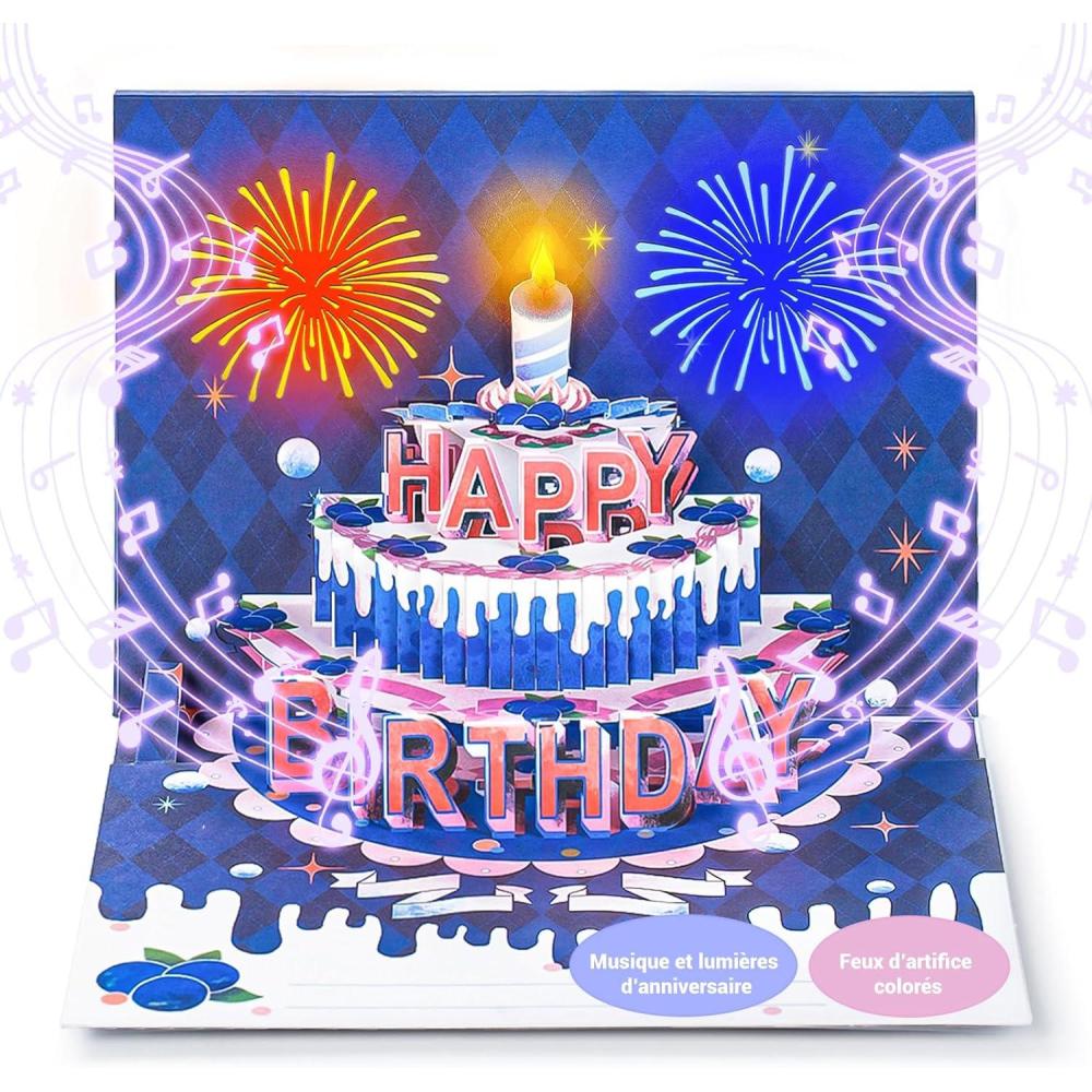 imageCarte Anniversaire Femme 3D Pop Up Musicale Cadeau Joyeux Anniversaire pour Femme Homme Enfant Fille Happy Birthday Carte avec Enveloppe Lumineuse et Feux dArtifice