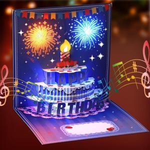 3D Carte Anniversaire Musicales et Lumineuses, Carte de Voeux avec Music et Lumière, Carte d&rsquo;anniversaire Pop-Up 3D avec Enveloppe, Carte Happy Birthday pour Fille Garçon(bleu)