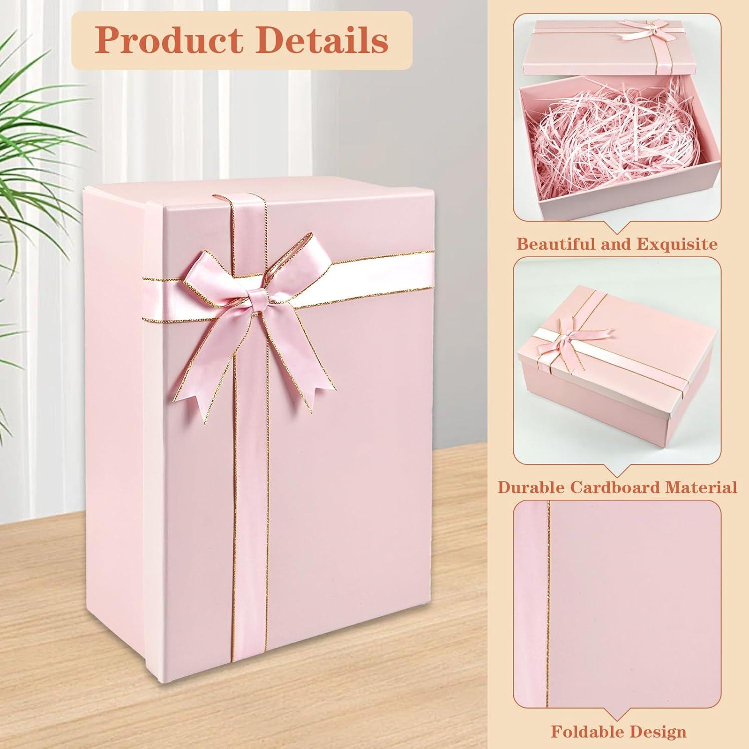 imageMSLHUB Bote cadeau avec couvercle 28 x 20 x 9 cm Bote cadeau en carton grande avec ruban carte de vux et ficelle Emballage cadeau pliable pour anniversaire mariage Nol RoseRose