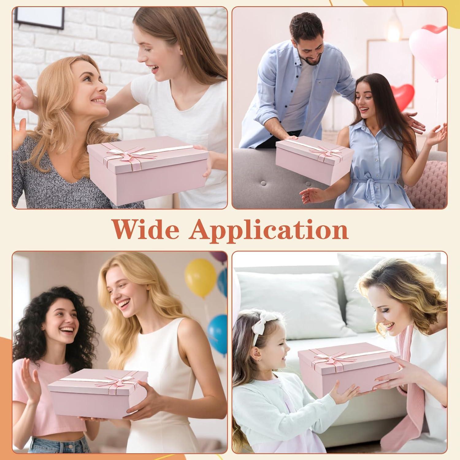 imageMSLHUB Bote cadeau avec couvercle 28 x 20 x 9 cm Bote cadeau en carton grande avec ruban carte de vux et ficelle Emballage cadeau pliable pour anniversaire mariage Nol RoseRose
