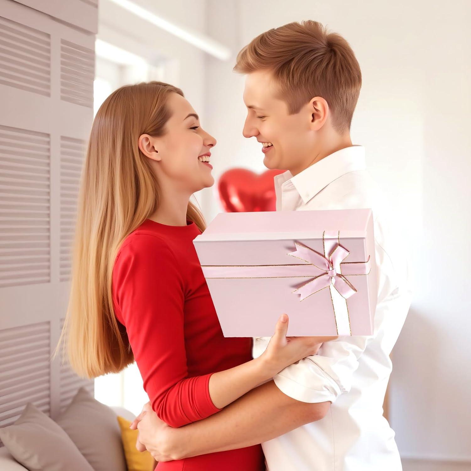 imageMSLHUB Bote cadeau avec couvercle 28 x 20 x 9 cm Bote cadeau en carton grande avec ruban carte de vux et ficelle Emballage cadeau pliable pour anniversaire mariage Nol RoseRose