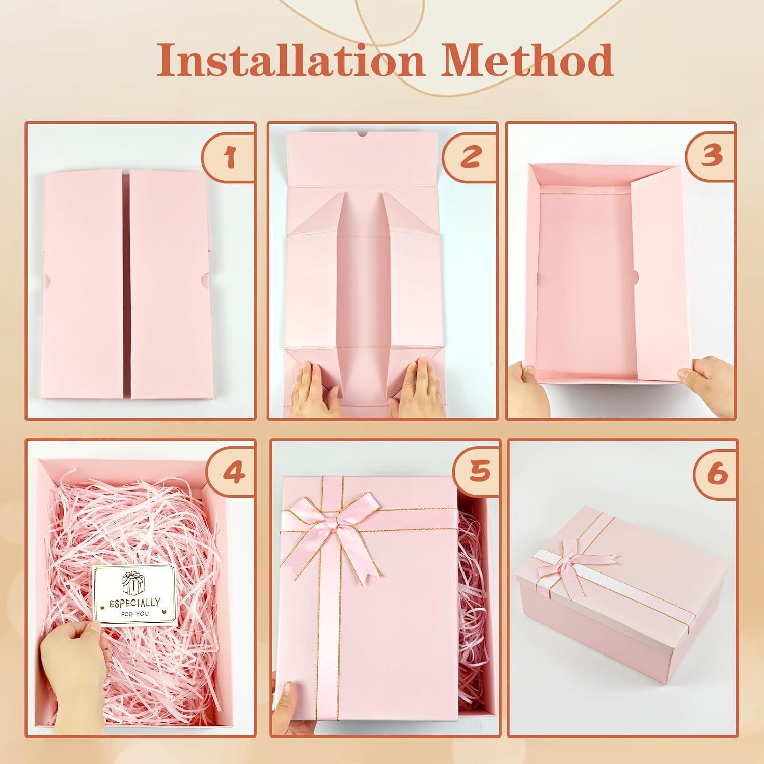 imageMSLHUB Bote cadeau avec couvercle 28 x 20 x 9 cm Bote cadeau en carton grande avec ruban carte de vux et ficelle Emballage cadeau pliable pour anniversaire mariage Nol RoseRose