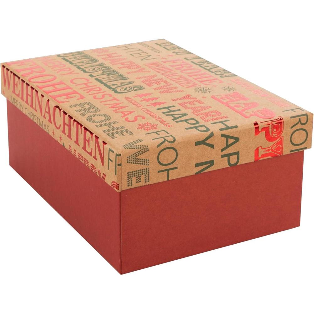 imageIdena 31510 Bote cadeau avec couvercle dimensions 20 x 15 cm bote cadeau rouge pour Nol avec inscription Frohe Weihnachten Joyeux Nol et Happy New Year Bonne anne