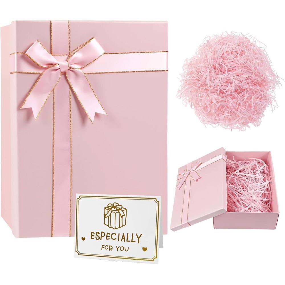 imageMSLHUB Bote cadeau avec couvercle 28 x 20 x 9 cm Bote cadeau en carton grande avec ruban carte de vux et ficelle Emballage cadeau pliable pour anniversaire mariage Nol RoseRose
