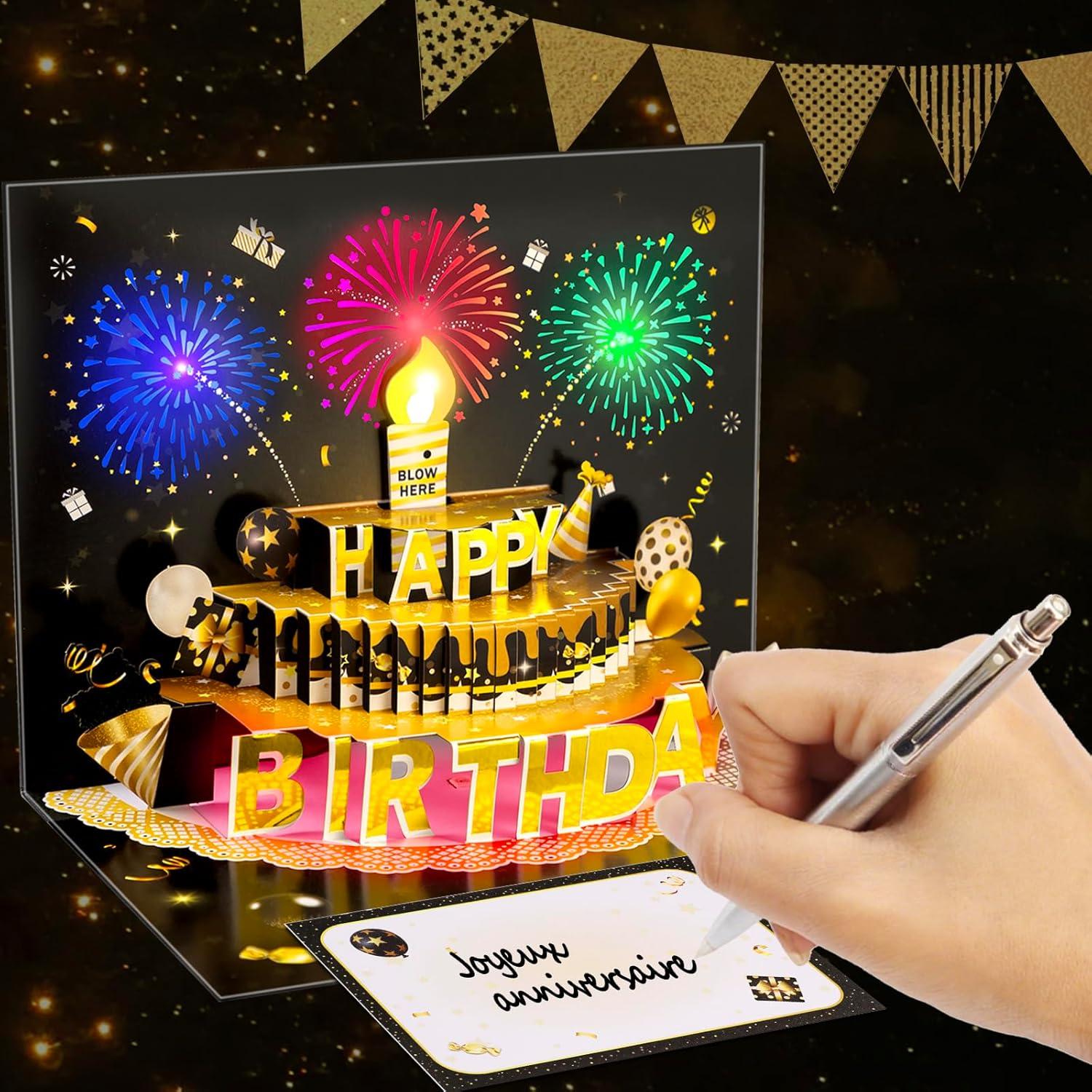imageCarte danniversaire popup 3D avec lumires et son bougie LED souffle avec capteur carte de vux musicale chantante pour homme femme enfant