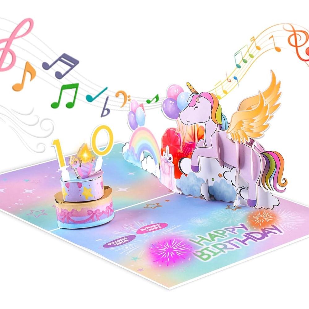 imageCarte danniversaire musicale Licorne 3D Pop Up avec LED et gteau bougies soufflables avec enveloppe et tiquette carte de vux Joyeux Anniversaire pour femmes mamans filles enfants et amis