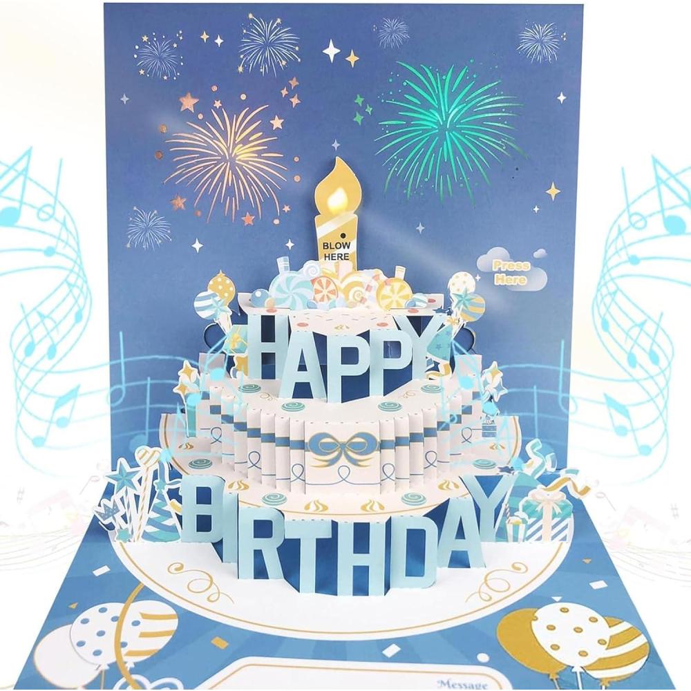 imageCartes danniversaire musicales avec lumire et musique cartes contextuelles danniversaire 3D pour hommes et femmes joue la chanson succs Happy Birthday bleubleu