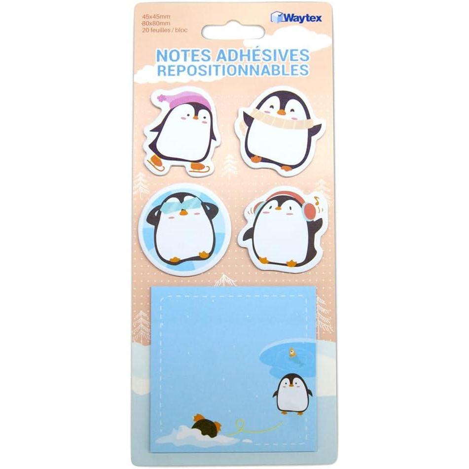 imageWAYTEX 931666 100 Notes autocollantes repositionnables Fantaisies Animaux Mignons sur support prsentoir 4 Minis blocs forme Pingouins et 1 Bloc carr 8x8 cm imprim Pingouin230 x 100 mm