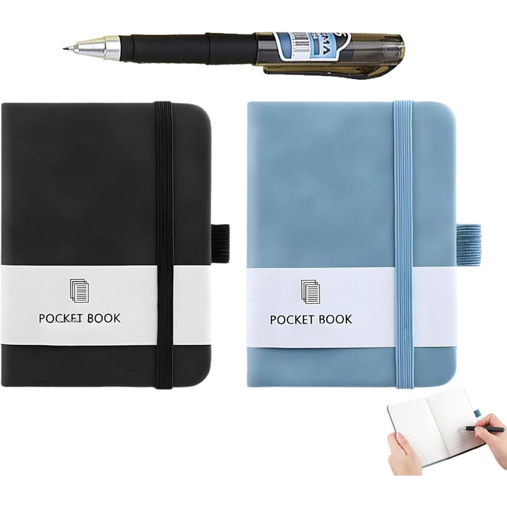 imageLot de 2 mini carnets de notes Petit format A7 Portestylo avec bande lastique Pour hommes et femmes 200 pages noirbleu