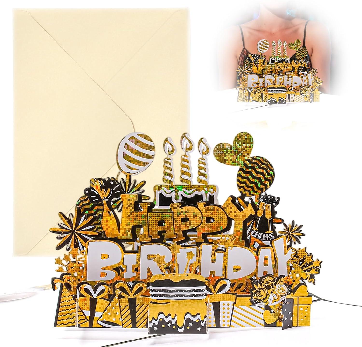 image:imageVBK Carte Anniversaire 3D Musicale Noir et Or Carte Popup Avec Musique Joyeux Anniversaire Carte Cadeau Interactive Adulte et Enfant Dcoration Fte Cadeau Original