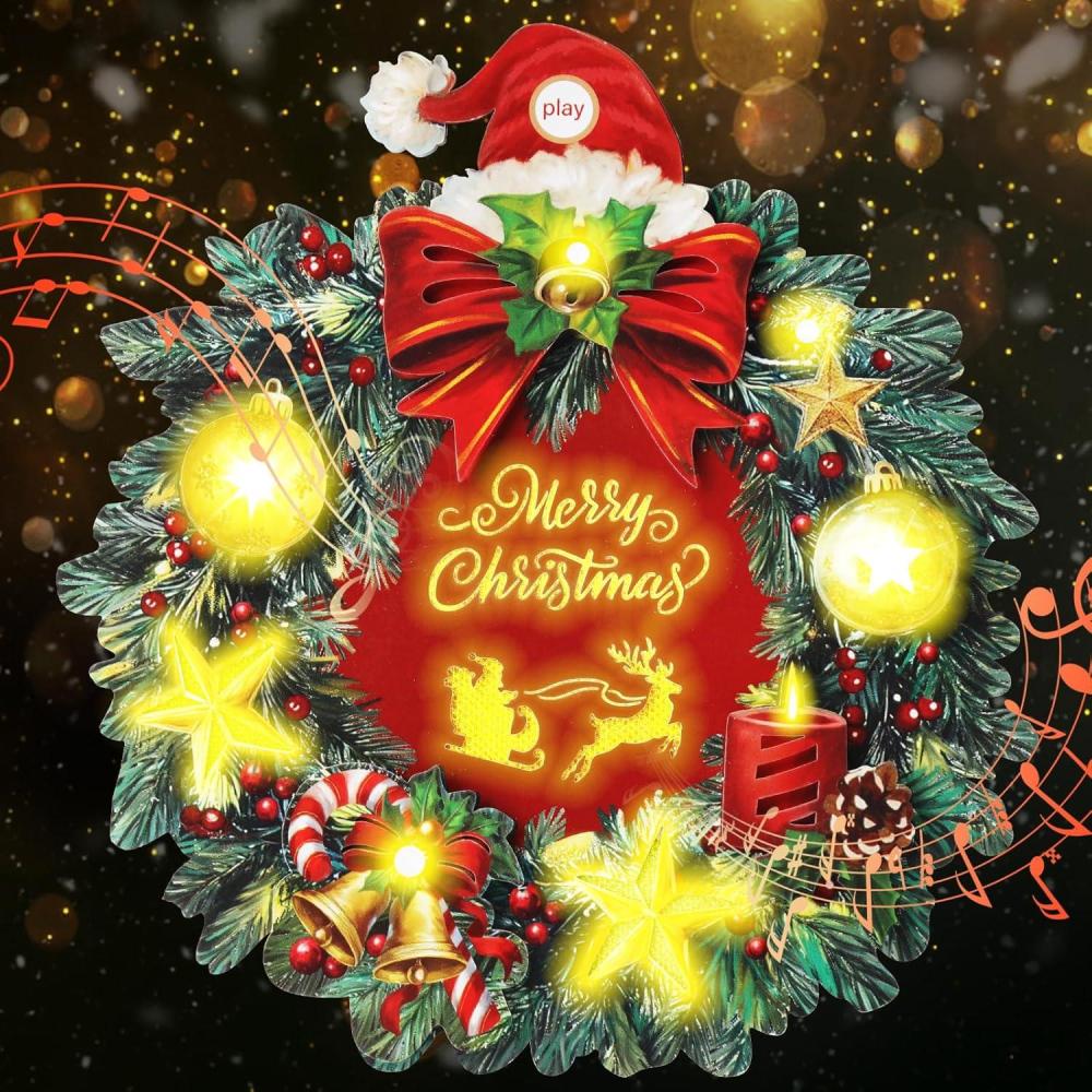 image:imageCarte de Nol 3D en forme de couronne avec lumires dores et chanson jouant We Wish You a Merry Christmas pour femmes hommes enfants et famille