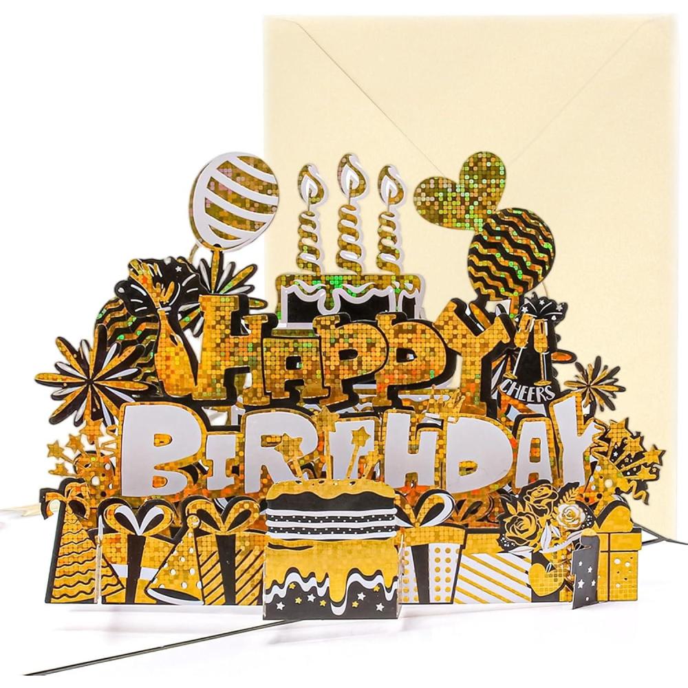 image:imageVBK Carte Anniversaire 3D Musicale Noir et Or Carte Popup Avec Musique Joyeux Anniversaire Carte Cadeau Interactive Adulte et Enfant Dcoration Fte Cadeau Original